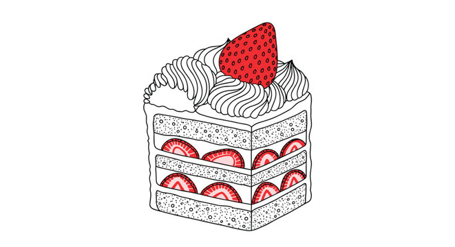 Delicious hand-drawn strawberry shortcake slice with layers of sponge, cream, and fresh strawberries, in a black, white, and red style. - Powered by Adobe