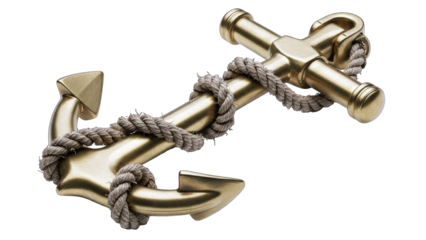 Golden Anchor Wrapped in Rope on White Background