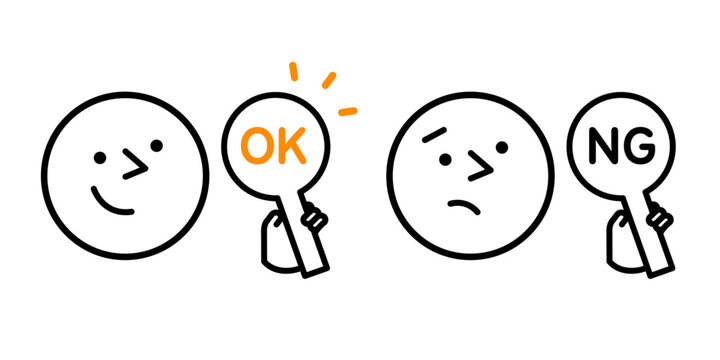 OKと書かれた札を持つ手と笑顔のマーク、NGと書かれた札を持つ手と残念な顔のマーク