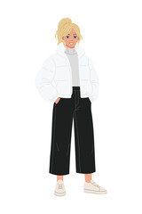 Winter fashion woman standing on white background wearing warm coat hat sweater leggings boots and bag modern cold season outfit character illustration for design use.