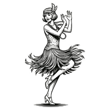 Black and white vector engraving of a dancing flapper girl in a fringe dress and headband, epitomizing the Roaring Twenties jazz age and vintage retro party style.
