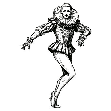 Vintage engraving of an elegant Elizabethan-era courtier or actor in elaborate period clothing, featuring a large ruff collar and padded doublet. Ideal for historical, theater, ballet, renaissance, an