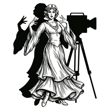 Vintage ink drawing of a beautiful 1920s or 1930s actress or dancer posing dramatically with a long flowing dress and a classic, large-format movie film camera on a tripod.