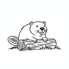 Cartoon Beaver Sitting on Log