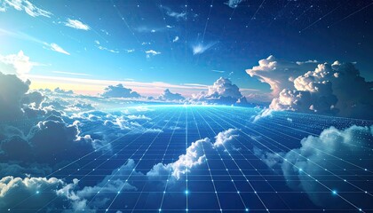 Digital grid and luminous line perspective above clouds, extending towards blue sky