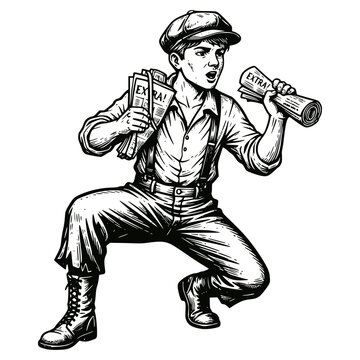 Black and white, highly detailed ink illustration of a classic newsboy in a vintage cap and suspenders, crouching and shouting with newspapers. Retro, historical, and vintage advertising/journalism co