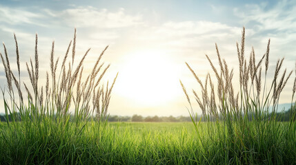 Obraz premium Glowing sun touching tall grass tips sunrise grass field sunlight backlight stalk meadow sky