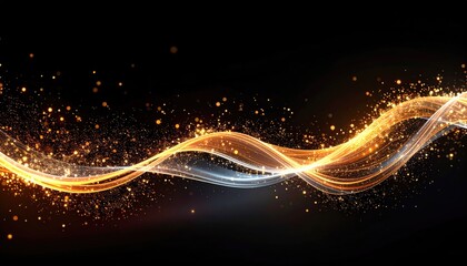 A flowing, luminous abstract design with a golden energy trail and glittering particles