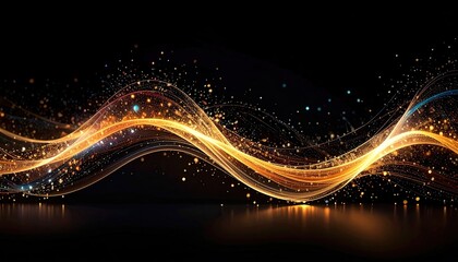 Digital art featuring flowing golden lines with sparkling particles on a black background
