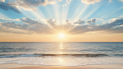 Golden sunrise ocean horizon beach sun rays serene light
