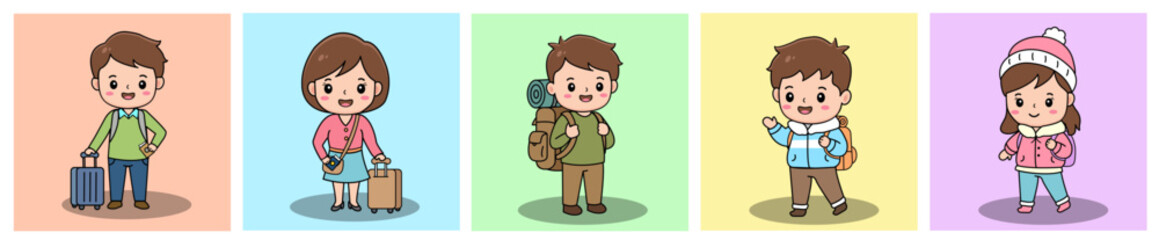 Cute Cartoon Collection of Traveler Characters Ready For Adventure Trip, Adorable collection of cartoon characters in various travel scenarios, perfect for illustrating vacation plans, holiday.