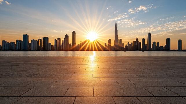Sunrise skyline water reflection sunrise skyline city waterfront sunrise reflection skyscraper - Powered by Adobe