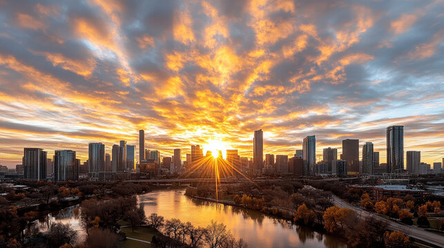 Sunrise skyline river reflection warm golden clouds dramatic - Powered by Adobe