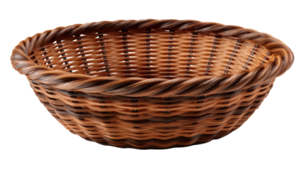Wicker basket showing its intricate woven pattern and natural brown color, an ideal empty container on transparent background