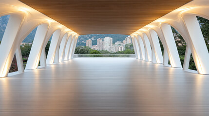 Naklejka premium Modern illuminated pavilion walkway with arched column and city view, serene evening atmosphere