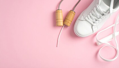 Overhead shot of a white shoe and a skipping rope with wooden handles on a pink backdrop