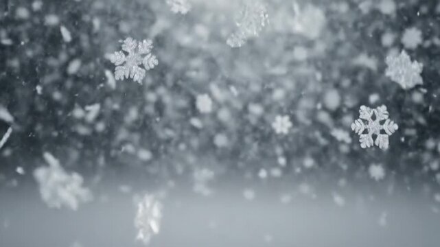 Delicate Snowfall Symphony: A Mesmerizing Dance of Floating Snowflakes in Winter Season and Grey Abstract Background 150 Characters