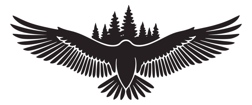 Black silhouette of a majestic eagle with wings spread wide against a pine forest background. Minimalist wilderness logo or emblem design for outdoor adventure, nature, and wildlife themes.