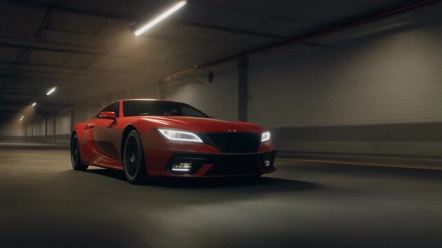 A luxury red sport car drives fast along a city highway with motion blur reflecting high speed transportation