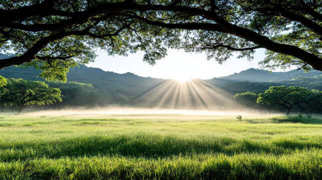 Sunrise meadow mist warm scenery open field under tree canopy with soft light