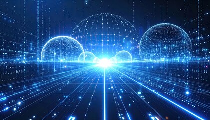 Futuristic digital scene of luminous spheres interconnected with data streams, radiating light