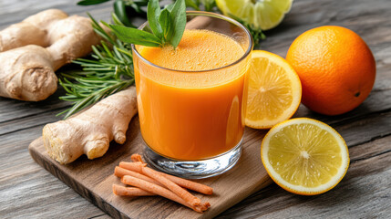 Fresh orange carrot juice with ginger and lemon garnish, vibrant healthy beverage