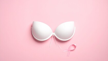 White bra laid on pink background next to a pink ribbon promoting breast cancer awareness