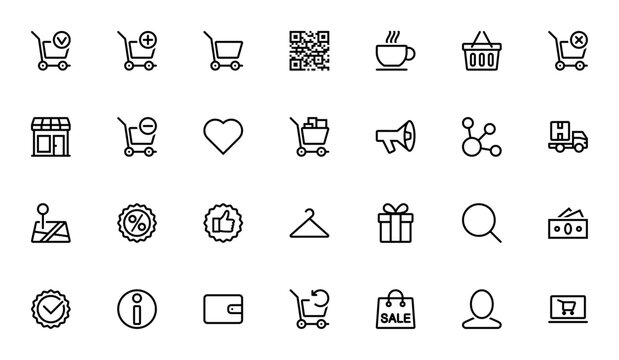 Shopping Line Icons Set. Minimal vector icons pack. eaturing shopping cart, QRcode, delivery truck, gift wallet, online shop and mre. Editable stroke.