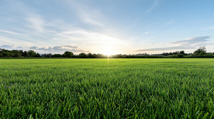 Fototapeta premium Green grass field sunrise horizon serene meadow with soft morning light