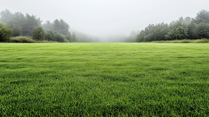 Fototapeta premium Green grass field foggy morning landscape with distant tree line and soft atmosphere