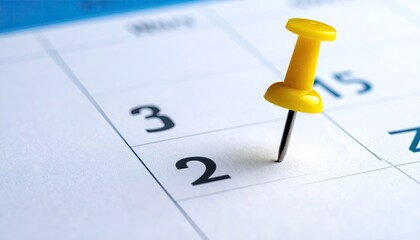 Close-up of a calendar page with a yellow push pin marking a specific date