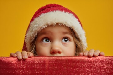 close-up photo of a little girl's face wearing a red and white Santa hat picking out from behind big red gift box 