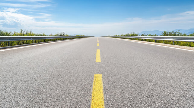 Empty asphalt highway with yellow center line leading to horizon under blue sky, calm travel mood - Powered by Adobe