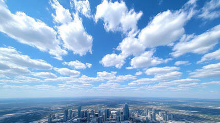 Fototapeta premium City skyline under bright blue sky with scattered clouds conveying calm wide perspective