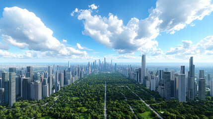 Lush urban park corridor framed by modern skyline and dramatic clouds