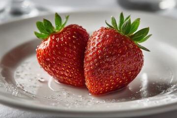 Two perfect strawberries formed into a heart shape on a white ceramic plate, Valentine's breakfast concept