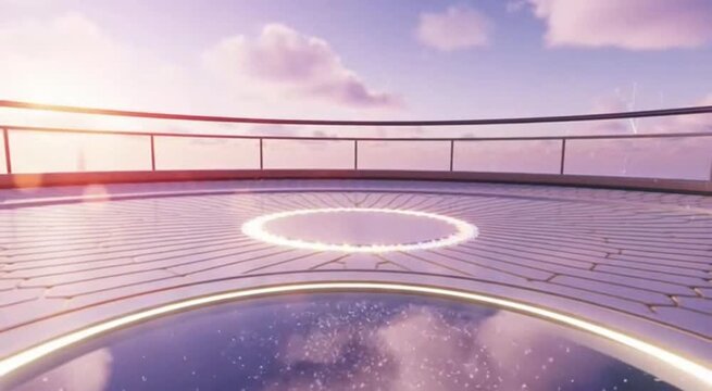 A futuristic rooftop deck with a glowing circular light installation on a wooden floor, set against a serene sunset sky with scattered clouds.