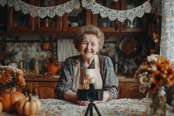 elderly woman in a cozy rural kitchen, setting up her smartphone on a small tripod, preparing to record a video