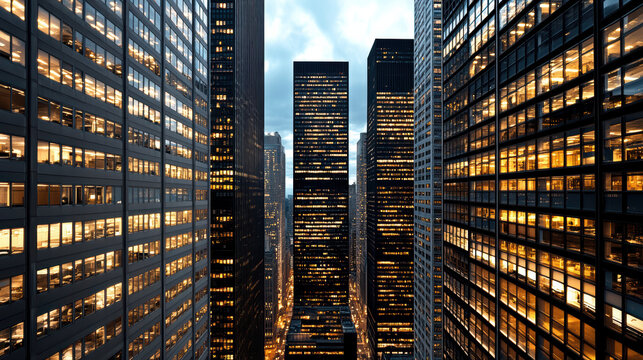 City highrise rooftops twilight ambience glowing office windows create vibrant urban skyline - Powered by Adobe