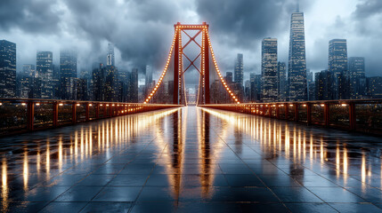 Obraz premium Golden lit suspension bridge at night with wet reflective walkway and moody skyline