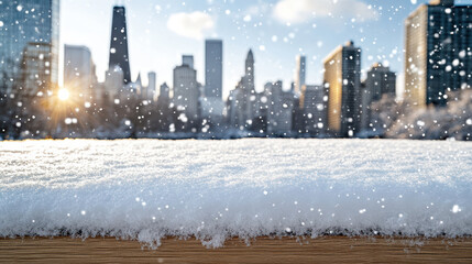 Snow covered wooden railing snow city skyline morning sunlight serene winter scene