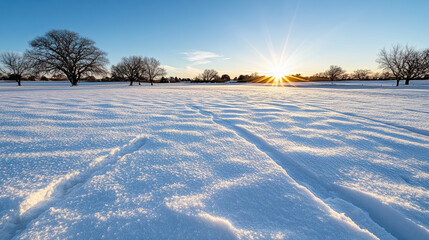 Snow field sunrise with long shadows and bare oak tree silhouettes