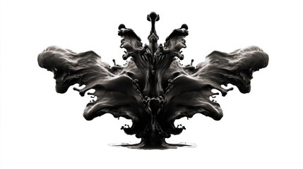 Black liquid splash creating a symmetrical abstract ink blot pattern, resembling a creative rorschach test figure