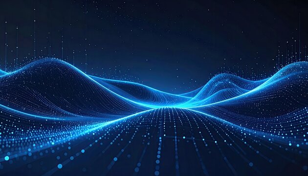 Digital abstraction with flowing lines and glowing blue dots over a dark backdrop