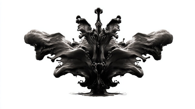 Black liquid splash creating a symmetrical abstract ink blot pattern, resembling a creative rorschach test figure