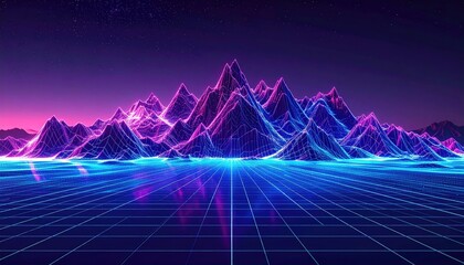 Neon-lit mountain range scene with grid foreground, evokes retro futuristic aesthetic