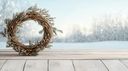 Winter wreath on wooden table with snowy forest background and warm fairy lights