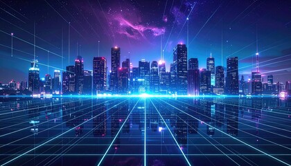 Futuristic city skyline at night with grid lines overlayed, purple and blue hues