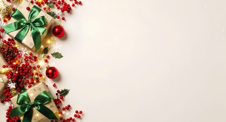 Merry Christmas and Happy Holidays greeting card background with festive ornaments and gifts on light beige flat lay.