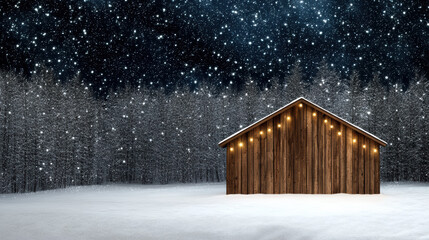 Snowy cabin winter woods cozy lights under starry night sky